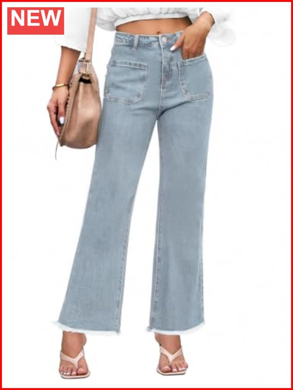 High Waist Cropped Wide Leg Flare Capri Jeans Raw Hem Cotton Stretch